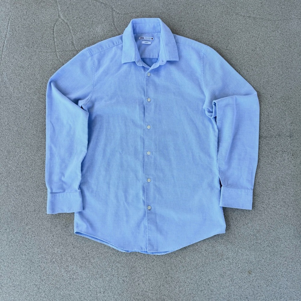 Zara Slim Fit Textured Button Down Shirt - Mens Medium Light Blue
